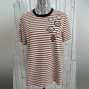 Striped, fun patch T-shirt, Joanie, Sz M, EUC, H1